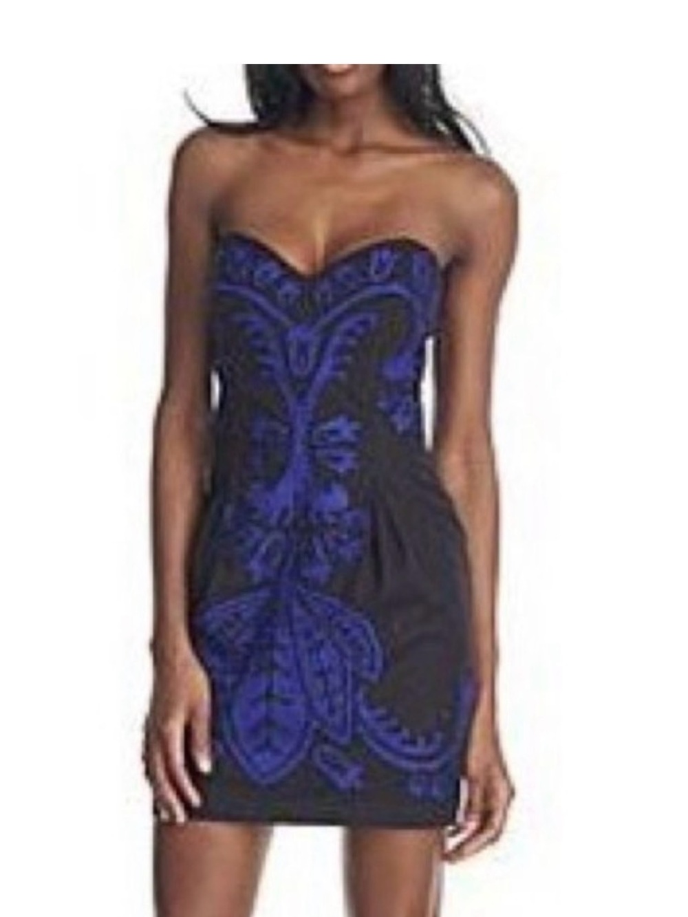 French Connection Black Strapless Mini Dress with Blue Embroidery